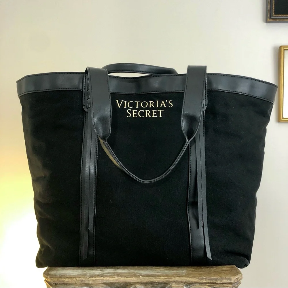 Extra Large Victoria’s Secret Black VS Tote Bag Shoulder Gold Faux Leather - Picture 9 of 11